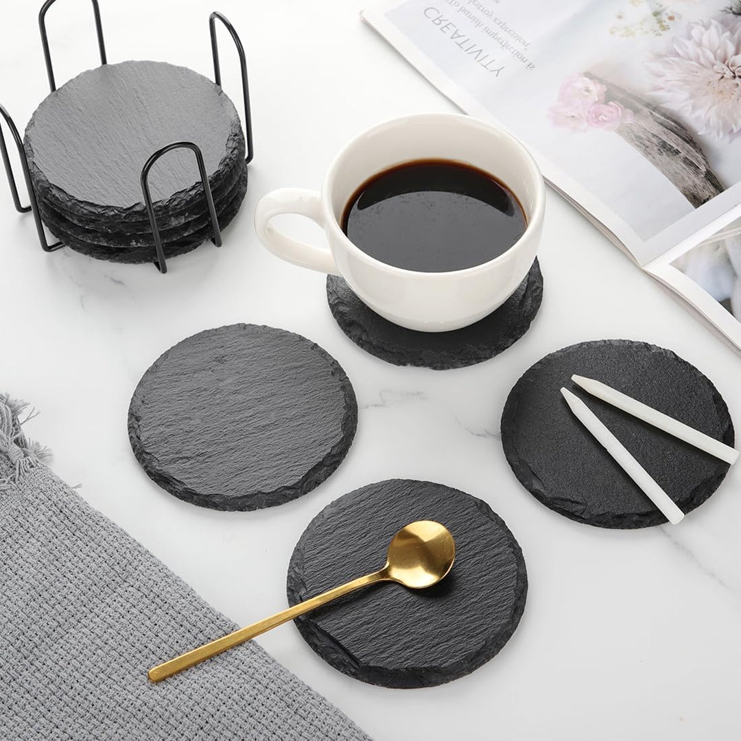 Schiefer Untersetzer für Gläser 8er Set, Glasuntersetzer Schiefer rund mit Halter 10x10 cm, Bierdeck