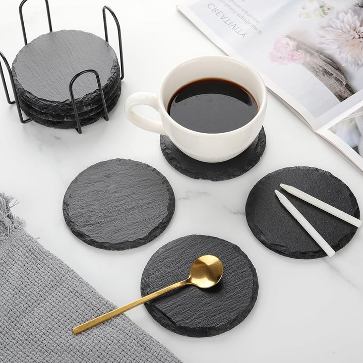 Schiefer Untersetzer für Gläser 8er Set, Glasuntersetzer Schiefer rund mit Halter 10x10 cm, Bierdeck