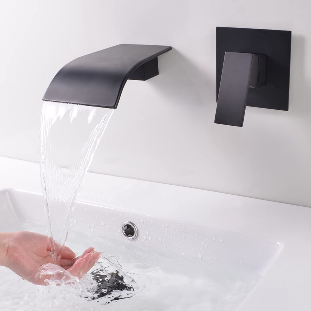 SHANFO Waschtischarmatur Wandmontage Wasserfall Schwarz Armatur Wand Einzigen Handgriff 2-Loch Unter