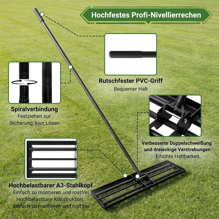 Rasen nivellierrechen 76 x 25cm | 210 cm mit Einstellbarer Langer Griff | Egalisierer Rasen Edelstah