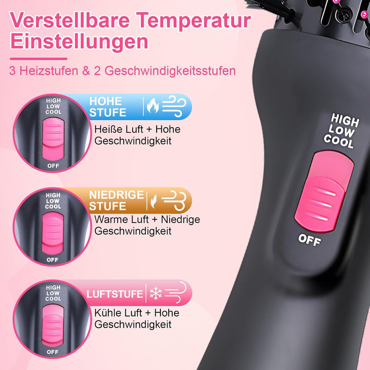 Warmluftbürste Rundbürstenföhn, One-Step Föhnbürste zum Haartrockner 4 In 1 Heissluftbürste mit 3 ei