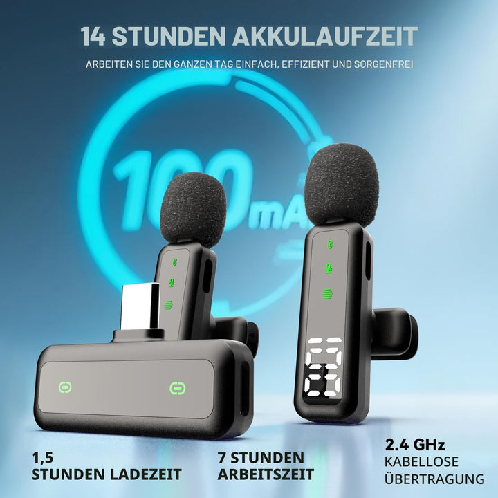 Kabelloses Lavalier-Mikrofon mit LED-Anzeige, Lavalier-Mikrofone Clip on Mic mit Rauschunterdrückung