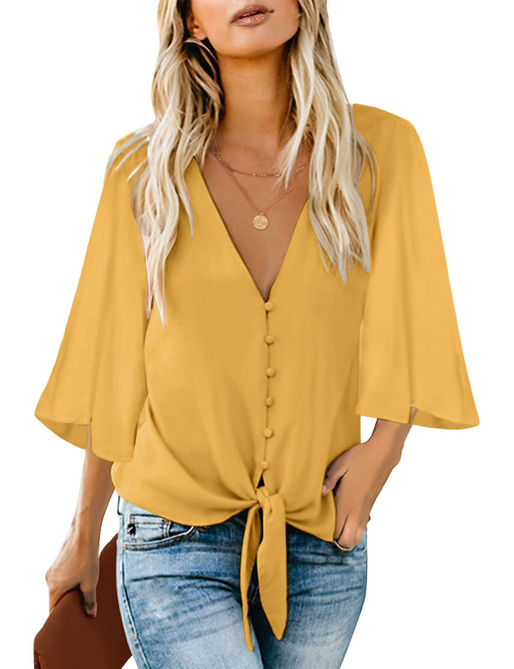 Damen Bluse Chiffon Elegant V-Ausschnitt Bell Sleeve Fledermausärmel Oberteile Hemd Loose Tops mit 3