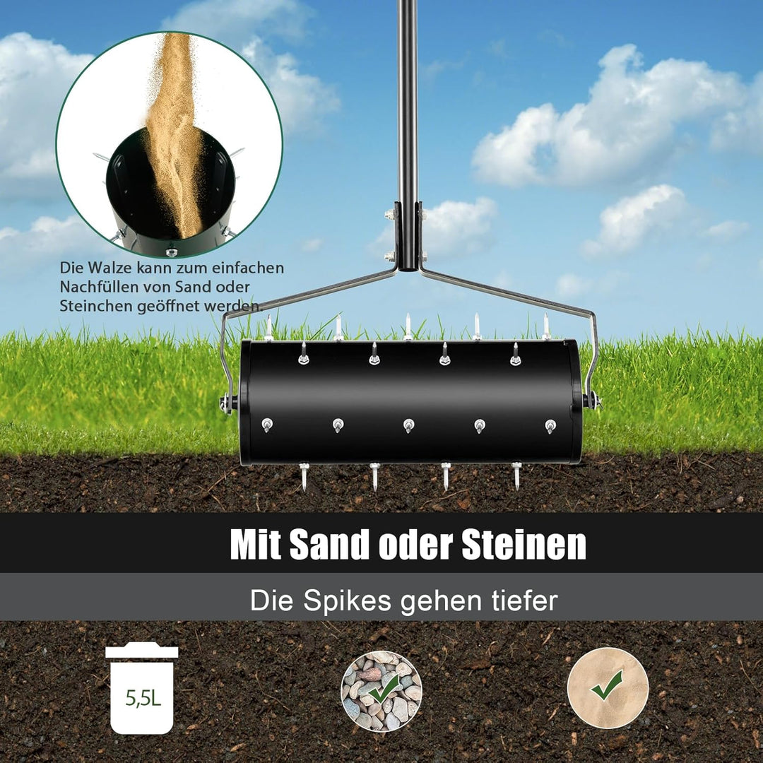 SOARS Rasenlüfter Walze, Rasenbelüfter mit 3,5cm Nägeln & Stiel, Handvertikutierer befüllbar, Garten