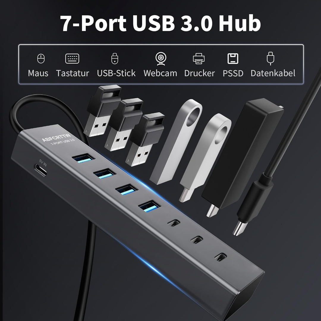 7-Port USB Hub 3.0 mit 120cm Kabel für Desktop, Aluminium USB Verteiler 5Gbps Multiport Adapter mit