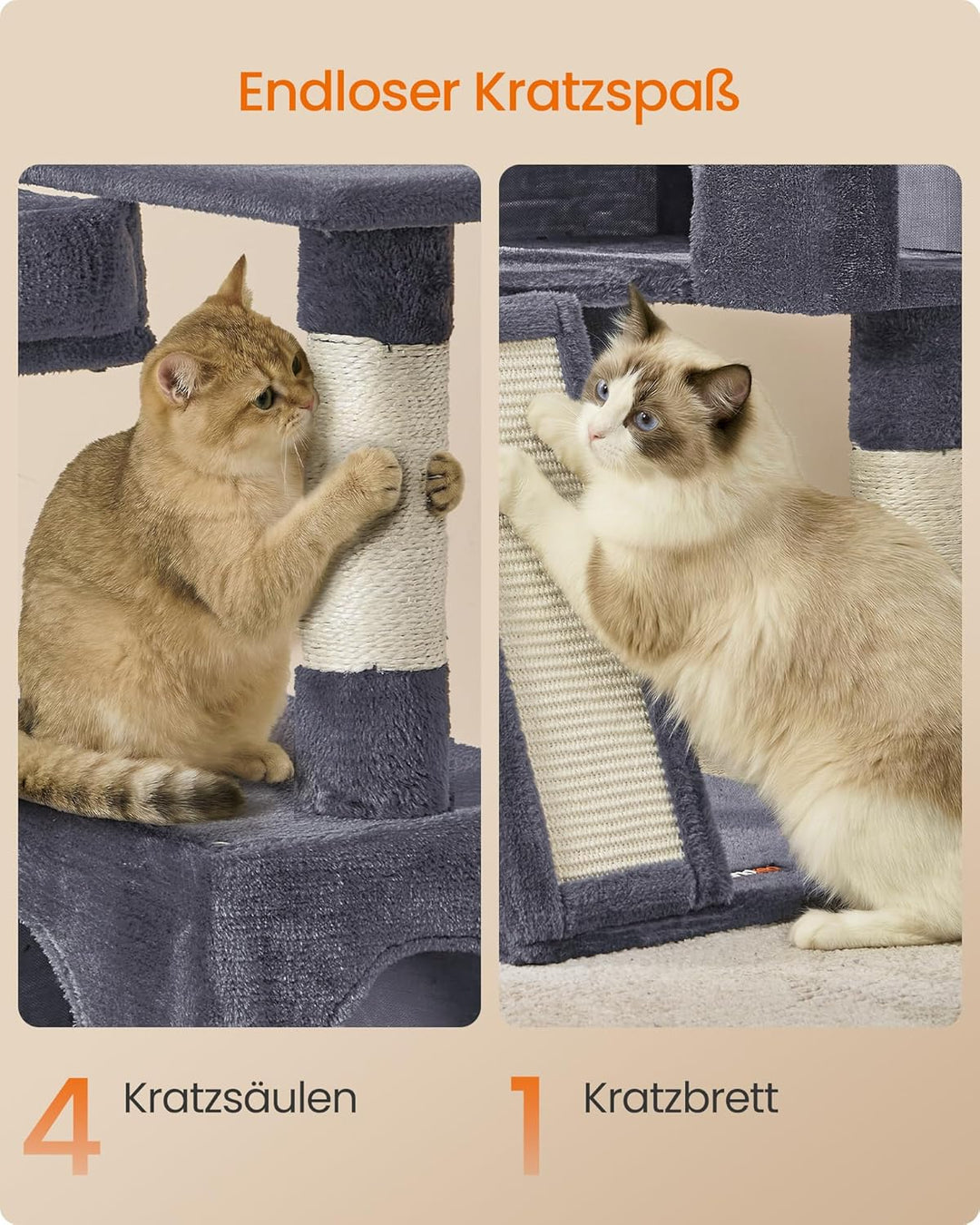 Feandrea Kratzbaum, 136 cm hoch, Katzenbaum, mehrstöckiges Katzenhaus, mit 4 Kratzsäulen, 3 Plattfor