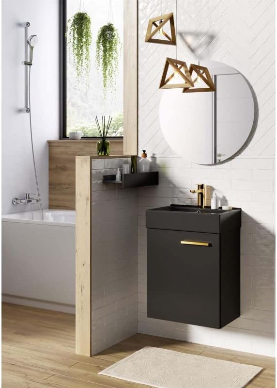 VBChome Badmöbel Set 45 cm Schwarz Matt Waschbecken mit Hängeschrank mit Armantur Schwarz Waschtisch