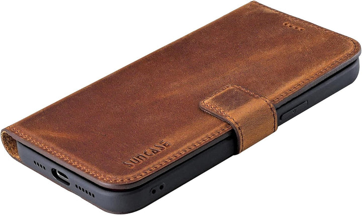 Suncase Book-Style Hülle kompatibel mit iPhone 13 Pro (6.1") Leder Tasche (Slim-Fit) Lederhülle Hand