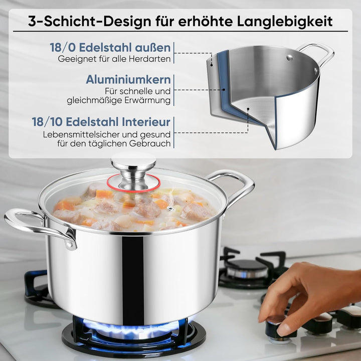 Kochtopf, Onader 3-Lagen Edeastahl Topf Induktion, 5,6L Kochtöpfe Nudeltopf Suppentopf mit Glasdecke
