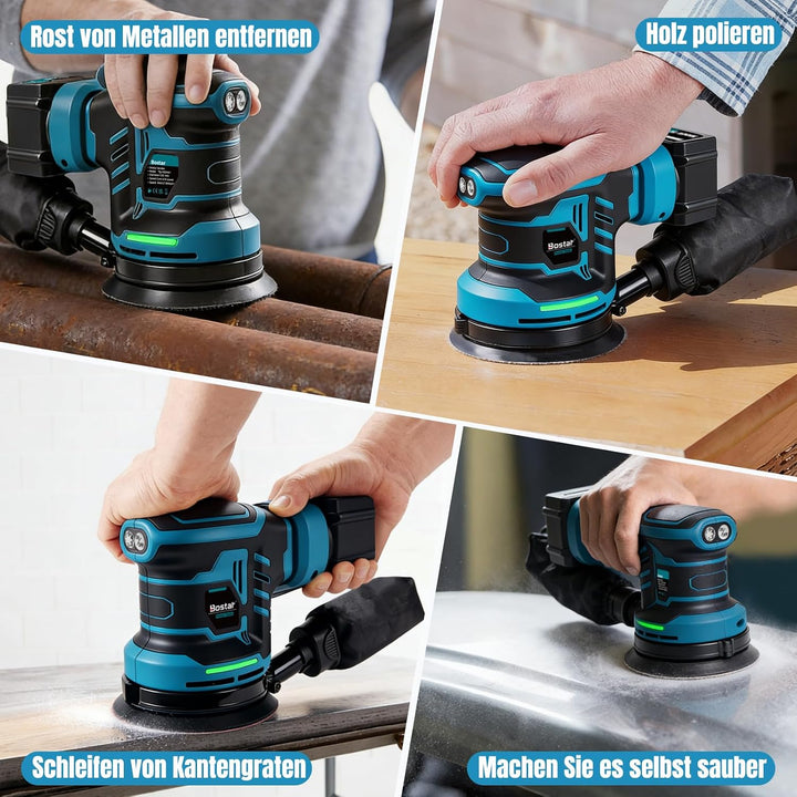 Bostar Akku Exzenterschleifer 18V Set Bürstenlos, Ø 125mm Schleifmaschine mit 2x 3.0Ah Akkus (BMS),