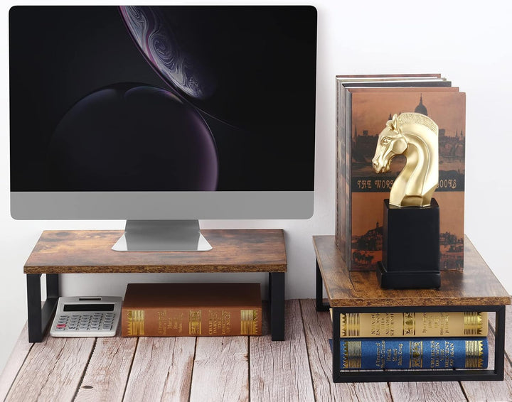 CADUKE Monitorständer Erhöhung, 2er Set Holz Tischplatte Computer Ständer, Industrie Desktop Regal A