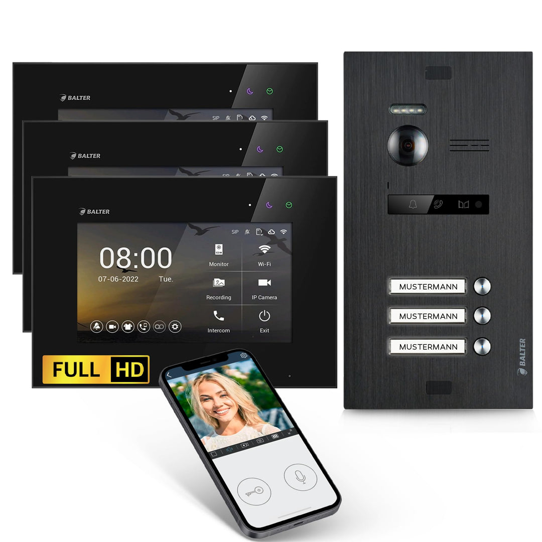 Balter EVO-HD Video Türsprechanlage, Video Türklingel mit Kamera, 3 Familienhaus Klingel, Smartphone