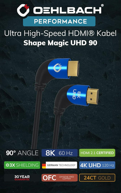 Oehlbach Shape Magic 90 UHD - 8K Ultra High Speed 2.1 HDMI-Kabel - Zertifiziert 48 Gbps (90 Grad Win