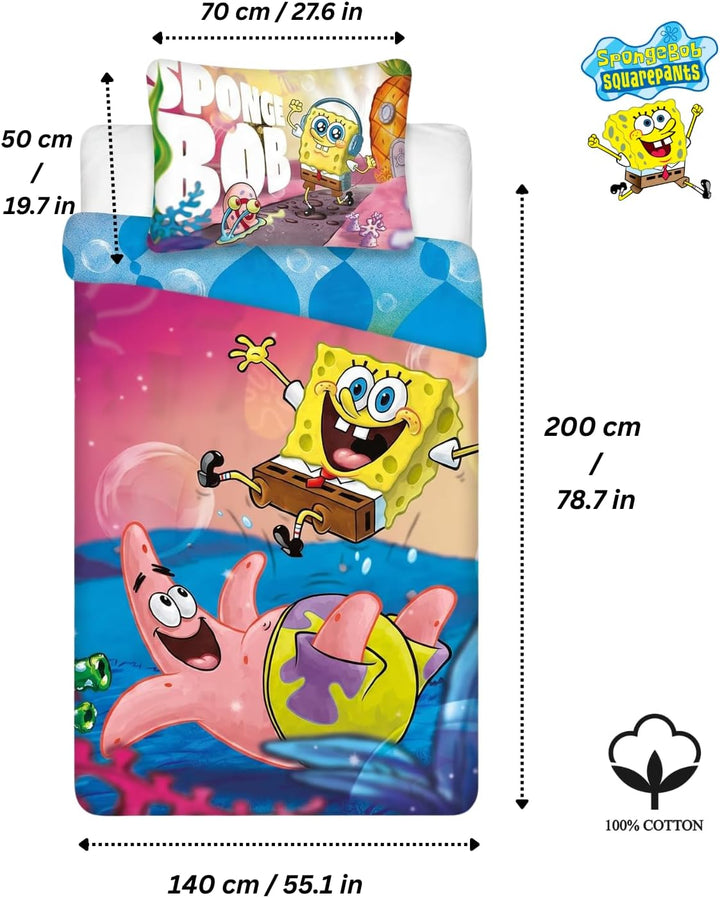 BrandMac Spongebob Schwammkopf Bettwäsche-Set für Kinderbetten | Einzelbett-Bettbezug 140x200 cm mit