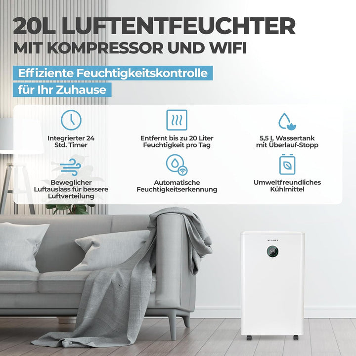 KLAMER Luftentfeuchter elektrisch 20L, WiFi App, HEPA Filter, 440W | Touch &amp; App-Steuerung, Automati