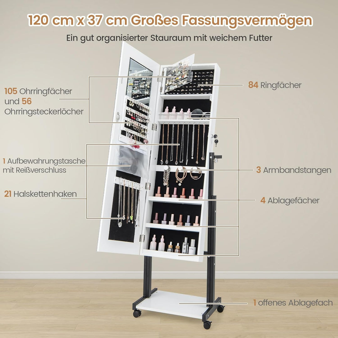 COSTWAY Schmuckschrank mit Rollen, 4 in 1 Spiegelschrank mit 3-farbig LED Leuchten & verstellbarer H