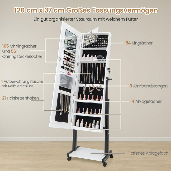 COSTWAY Schmuckschrank mit Rollen, 4 in 1 Spiegelschrank mit 3-farbig LED Leuchten & verstellbarer H