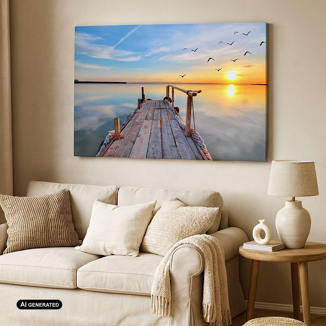 ARTTOR Bilder auf Leinwand 100x70cm Leinwandbild See Natur Brücke Vögel Gross Wanddeko Bild Schlafzi