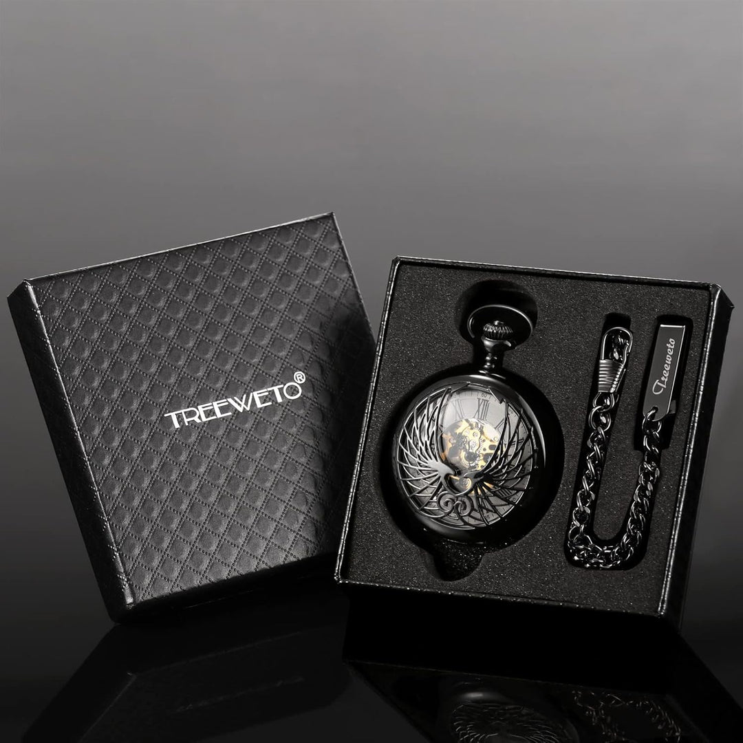 TREEWETO Unisex Taschenuhr mit Kette Analog Handaufzug Adler Skelett R?mische Ziffern Schwarz