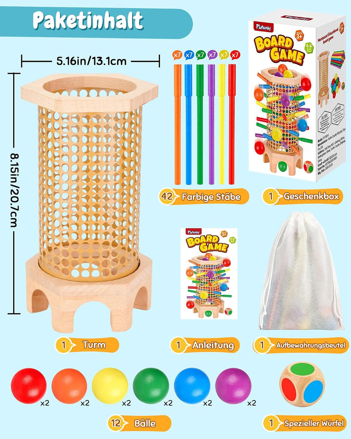 Montessori Spielzeug ab 3 4 5 6 Jahren - Holz Brettspiel mit bunten Antirutsch-Stäbchen, Ball & Würf