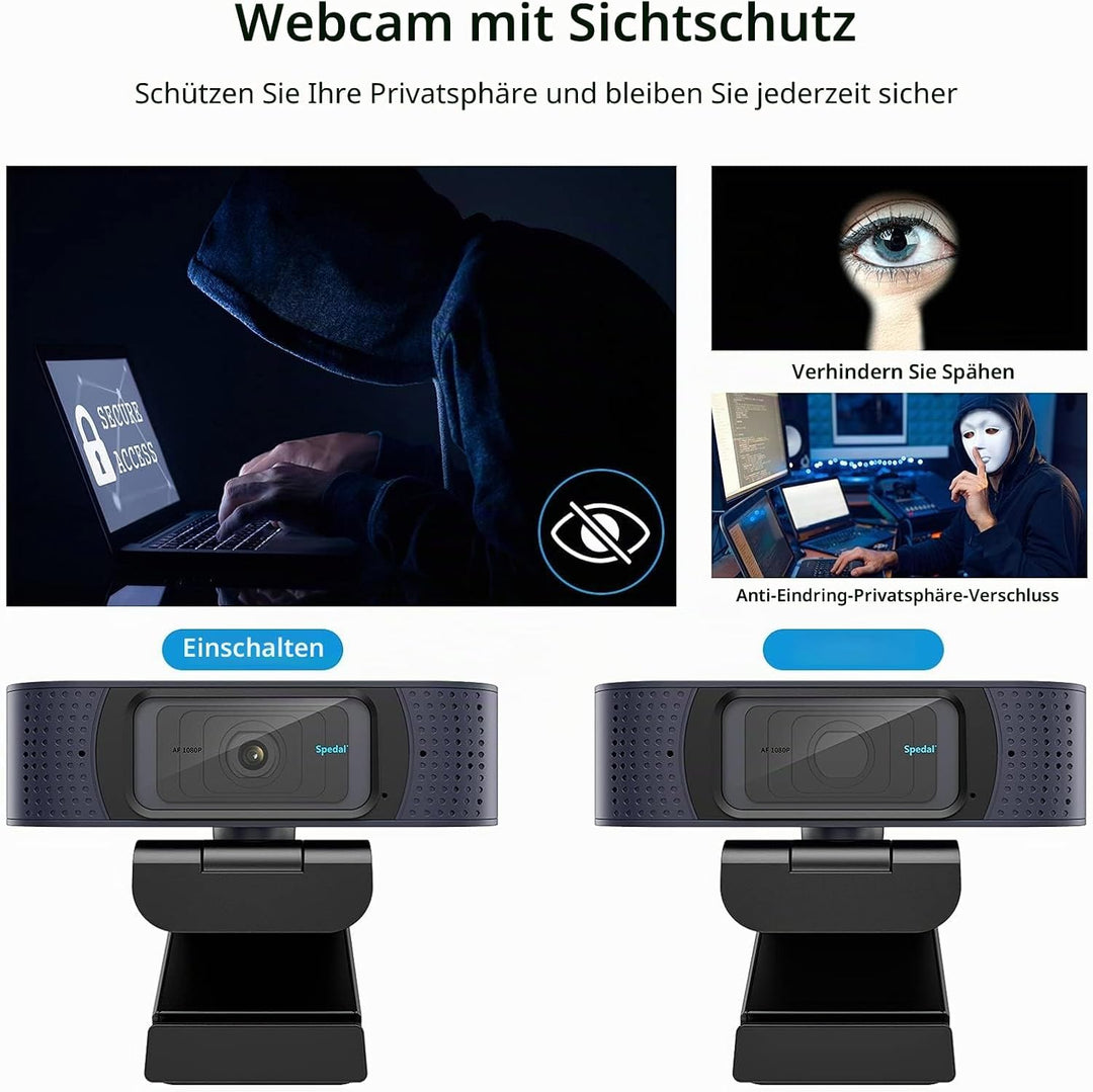 Spedal 1080p Full HD Webcam mit Autofokus, Dual Mikrofon & Privatsphäre Schutz, USB Anschluss, kompa