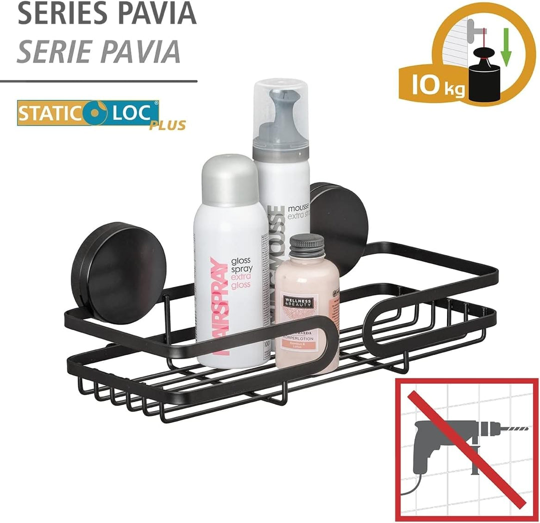WENKO Static-Loc® Plus Wandablage Pavia Schwarz, Badezimmerregal, Befestigen ohne bohren, sicherer H