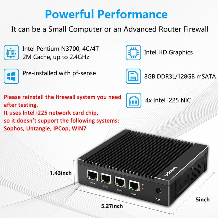 Sharevdi Lüfterloser Firewall Micro Appliance,Intel N3700 4 Cores/4 Threads, 4 Intel 2.5 GbE i225 Gi