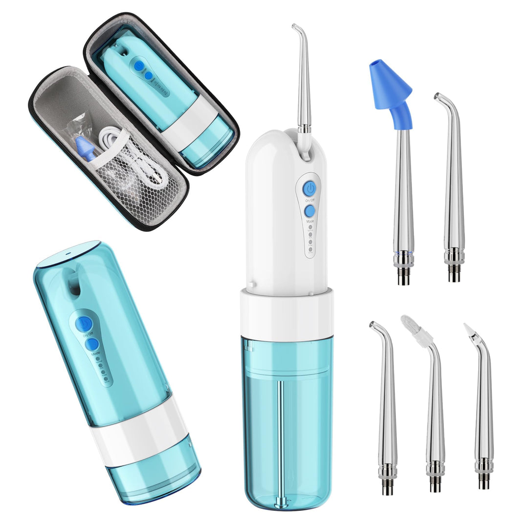 GEEDIAR Munddusche Testsieger Reise, Water Flosser Zahnzwischenraumreiniger mit 5 um Ersatzdüsen, 4