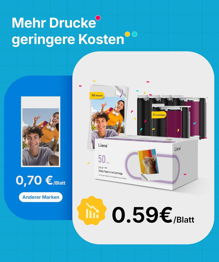 Liene Pearl N200 Pro Tragbarer Mini Fotodrucker mit Farbsublimation – Inkl. 50 selbstklebende Fotos