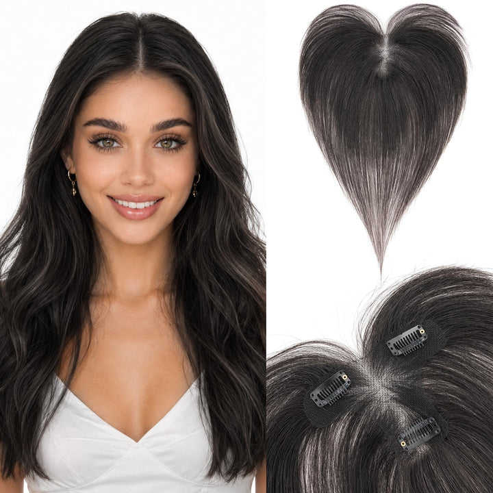 Silk-co Hair Topper Echthaar, 9x12cm handgebunden Basis Toupet Damen Naturschwarz ohne Pony 27cm 13g