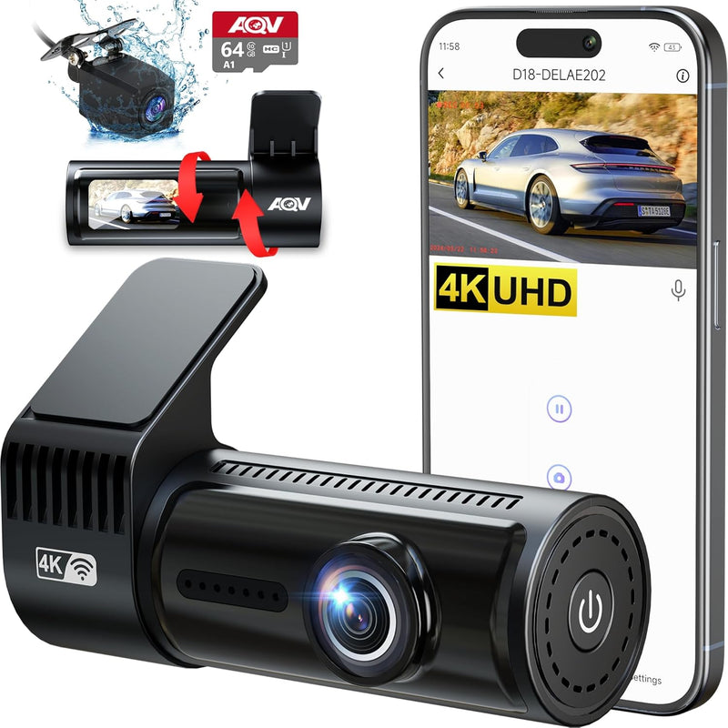 AQV Dashcam Auto Vorne Hinten 4K WiFi Autokamera mit 64GB SD Karte, Loop-Aufnahme, G-Sensor, APP Ste