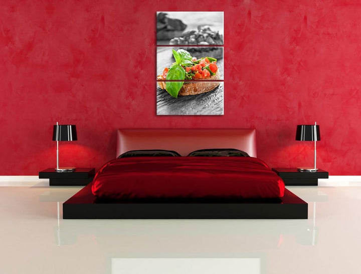 Leckere Tomaten Bruchetta schwarz/weiss 3-Teiler Leinwandbild 120x80 Bild auf Leinwand, XXL riesige