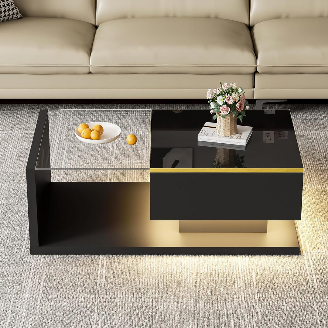 Merax Moderner LED Couchtisch, Wohnzimmertisch mit Stauraum, Hochglanz-Schwarz Beistelltische, Couch