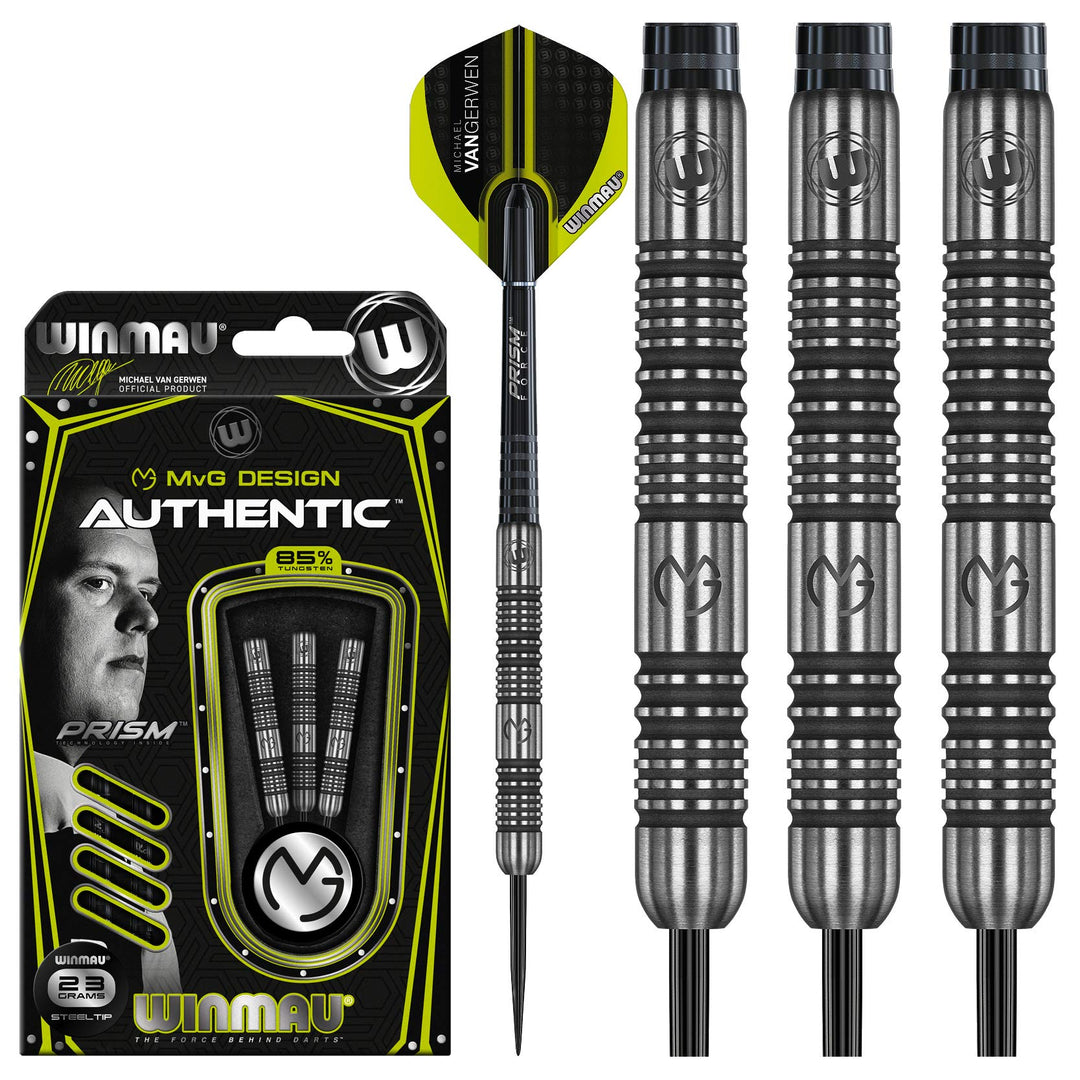 WINMAU Michael van Gerwen MvG Authentic Wolfram Steeltip Dart-Set mit Prismen-Flights und Schäften (