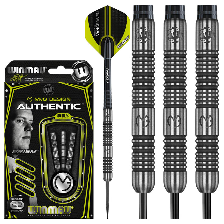 WINMAU Michael van Gerwen MvG Authentic Wolfram Steeltip Dart-Set mit Prismen-Flights und Schäften (