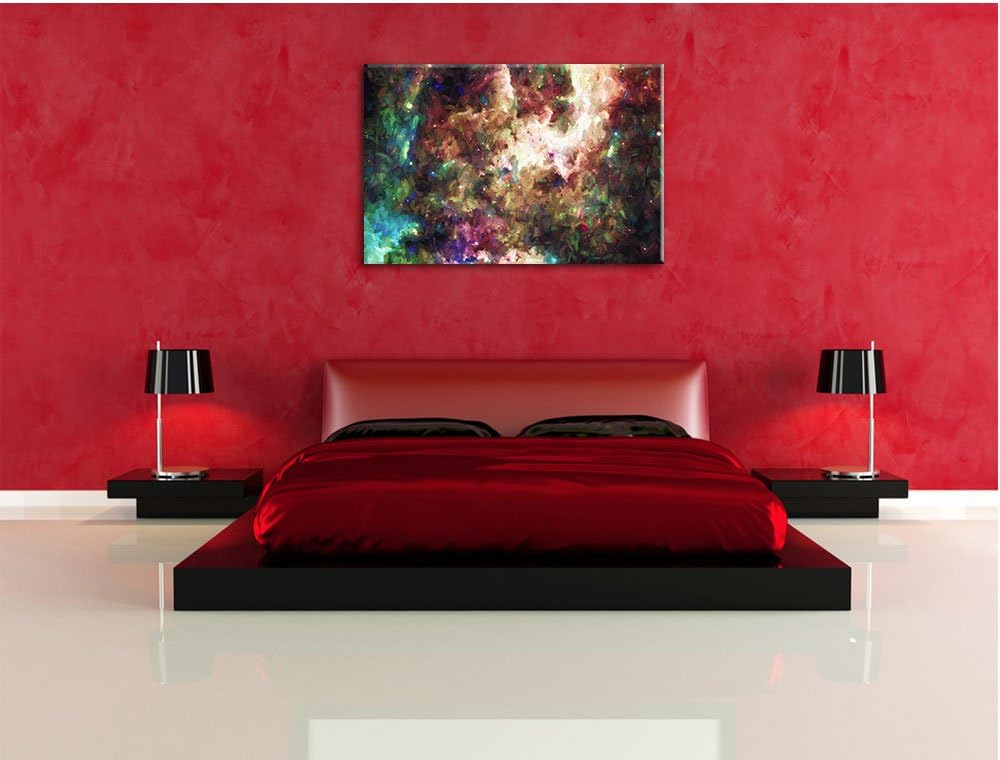 Pixxprint Bunte Nebelgalaxie und Sterne Kunst Pinsel Effekt, Format: 100x70 auf Leinwand, 100x70