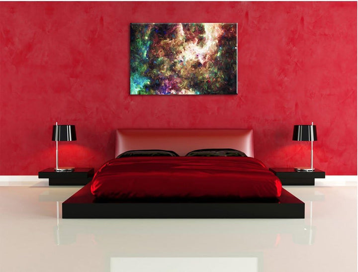 Pixxprint Bunte Nebelgalaxie und Sterne Kunst Pinsel Effekt, Format: 100x70 auf Leinwand, 100x70