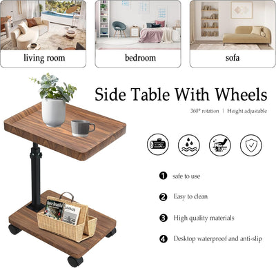 ESTUWD Beistelltisch mit Rollen | Beistelltisch Höhenverstellbar (45-80cm) | Holz Beistelltisch c Fo