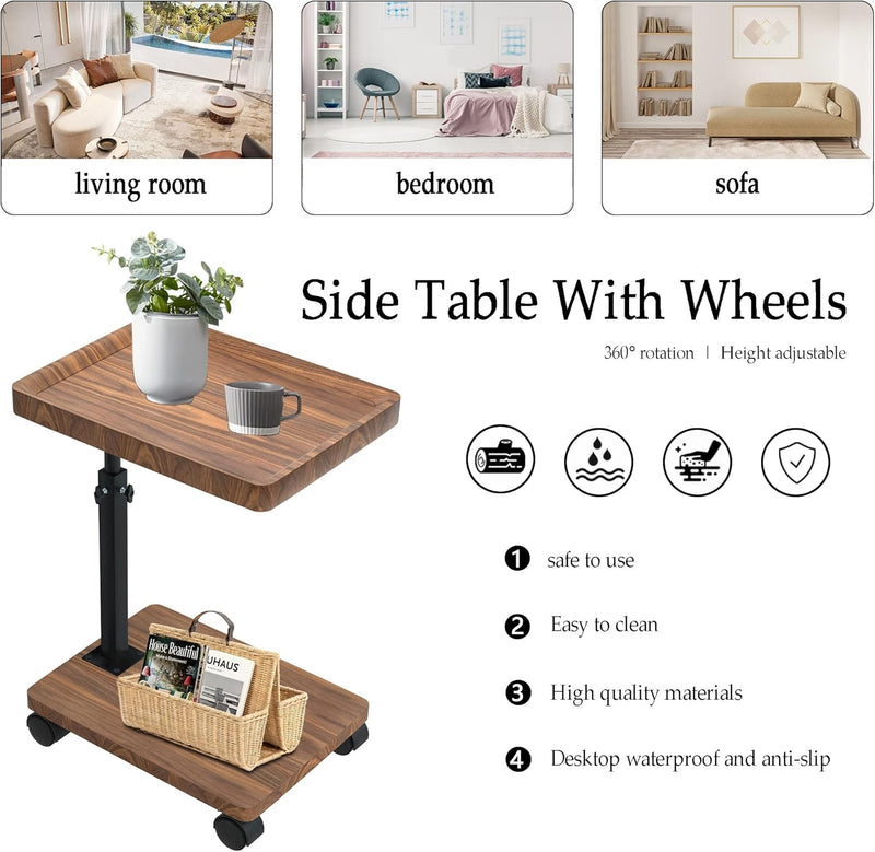ESTUWD Beistelltisch mit Rollen | Beistelltisch Höhenverstellbar (45-80cm) | Holz Beistelltisch c Fo