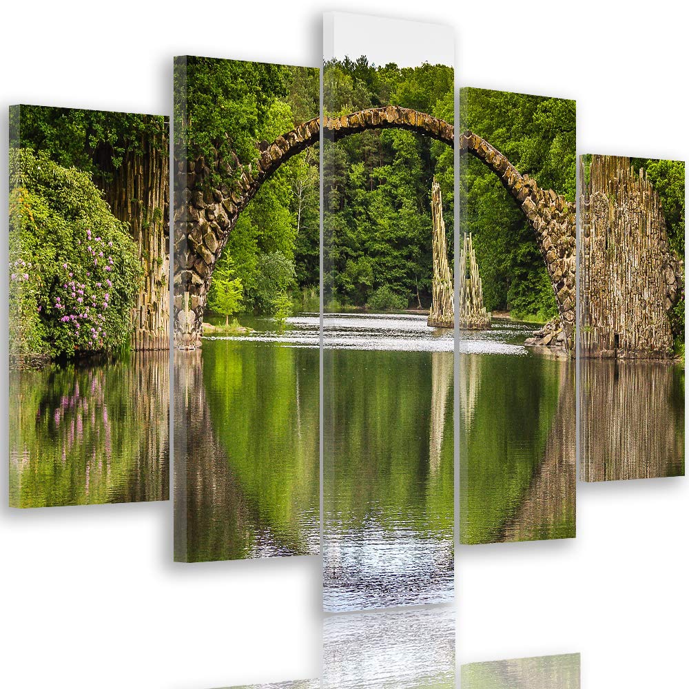Feeby Leinwandbild 5 Teilig Landschaft Bild Wanddeko Brücke Wasser Wald grün 200x100 cm Leinwandbild