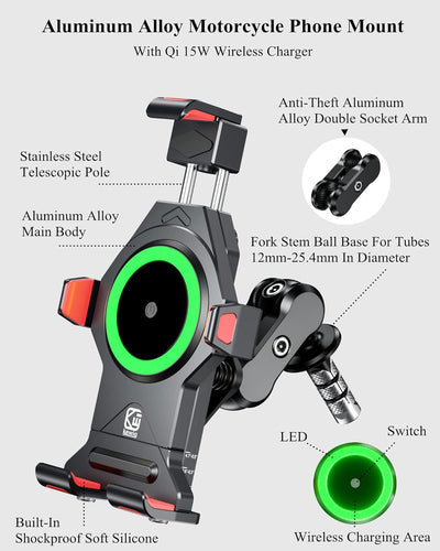 BRCOVAN Aluminiumlegierung Motorrad Gabelschaft Handyhalterung mit Qi 15W Drahtloses Ladegerät und V