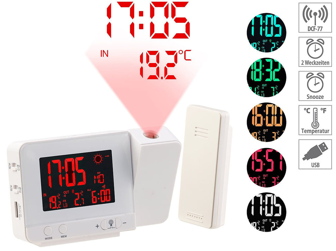 infactory Uhr mit Projektion: Funk-Wetterstation mit Projektions-Wecker, Aussensensor und USB, weiss