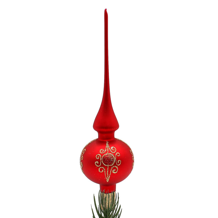 Lauschaer Christbaumschmuck - Christbaumspitze matt Rot mit Glitter Dekor in Gold, Ornamente, Länge