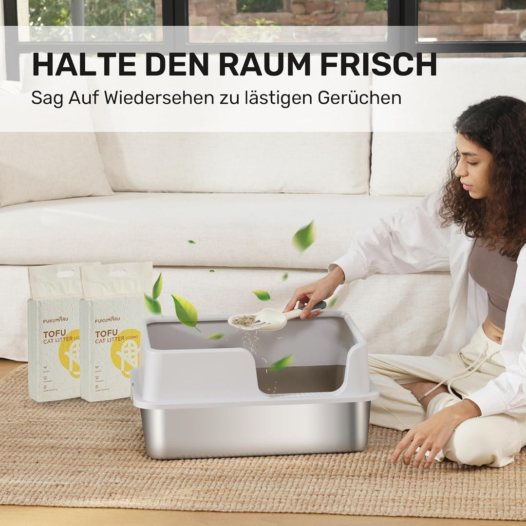 FUKUMARU Katzenklo Edelstahl XXL, Hohe Seitenwände Katzentoilette, 30L Grosse Kapazität Auslaufsiche