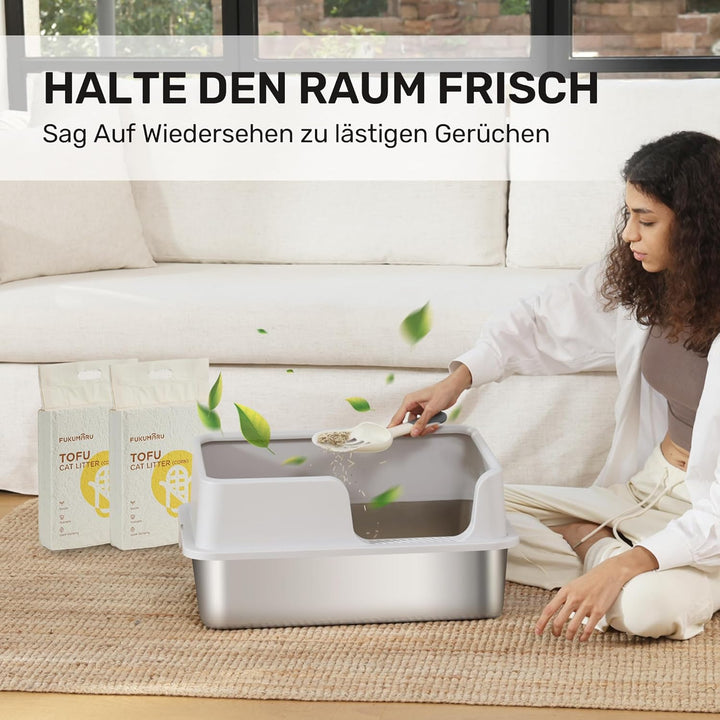 FUKUMARU Katzenklo Edelstahl XXL, Hohe Seitenwände Katzentoilette, 30L Grosse Kapazität Auslaufsiche