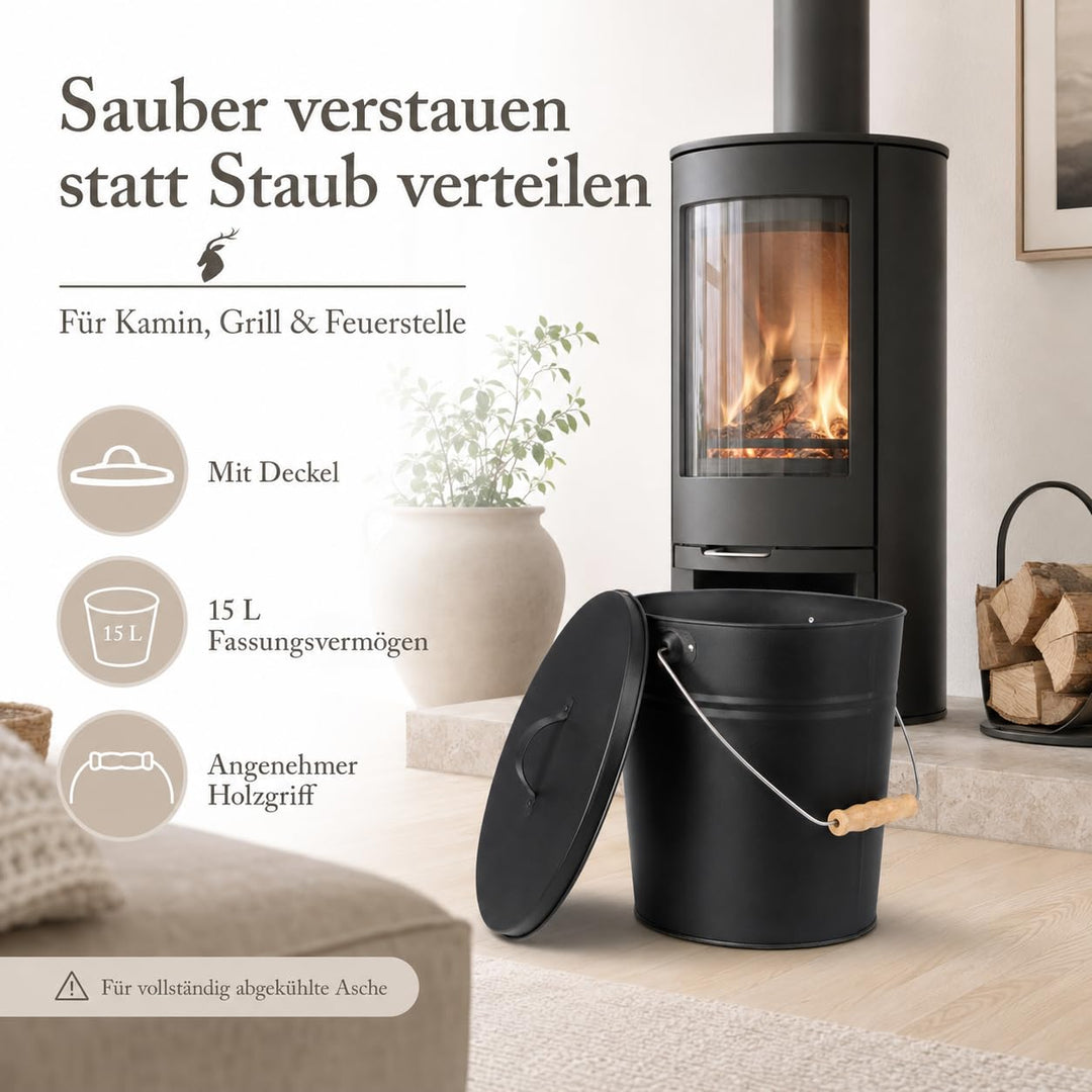 ReWu Stahleimer Ascheeimer Mehrzweckeimer oval mit Deckel für heisse Glut und Asche - Grösse 15 l -