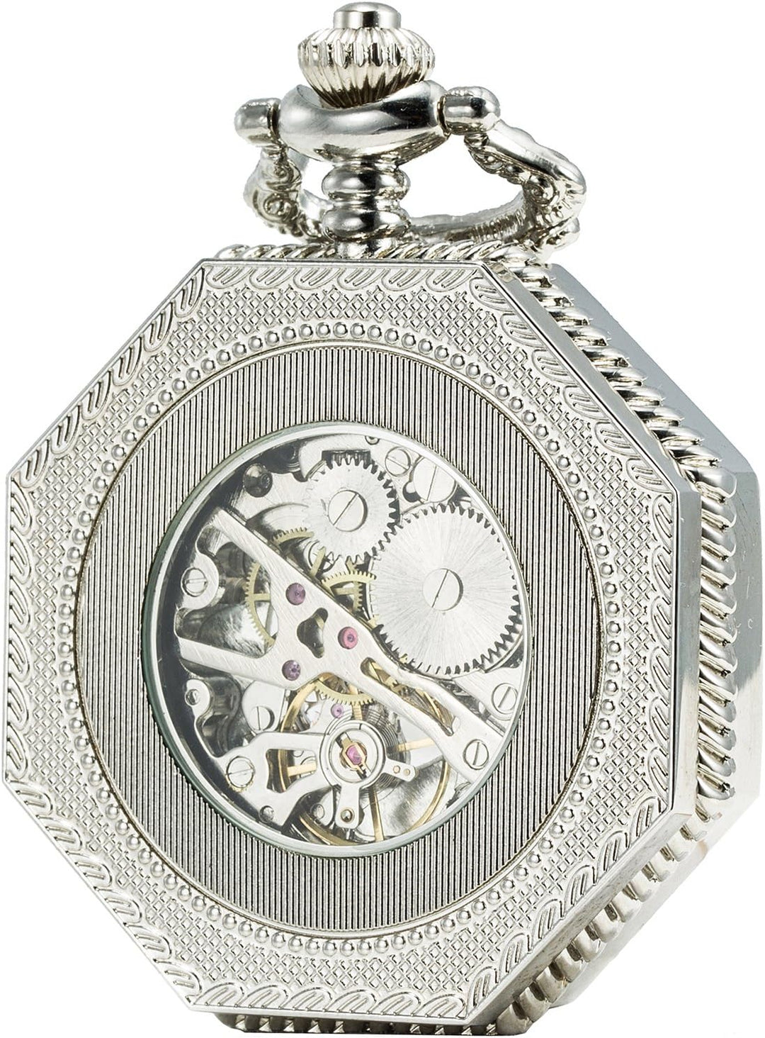 SEWOR Octagon Old School Stil Hohl arabischen Zahlen Mechanische Handaufzugwerk Taschenuhr Silber, S