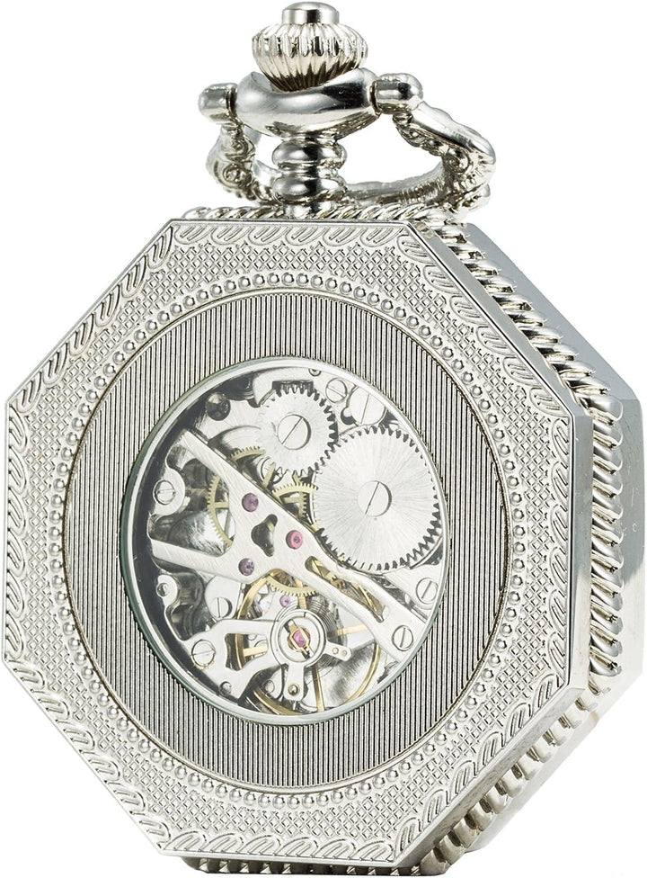 SEWOR Octagon Old School Stil Hohl arabischen Zahlen Mechanische Handaufzugwerk Taschenuhr Silber, S