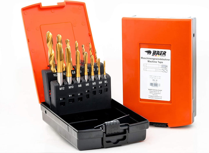 BAER Gewindeschneider Set M3 - M12 - HSSE-TIN inklusive Bohrpaste - Maschinengewindebohrer Durchgang
