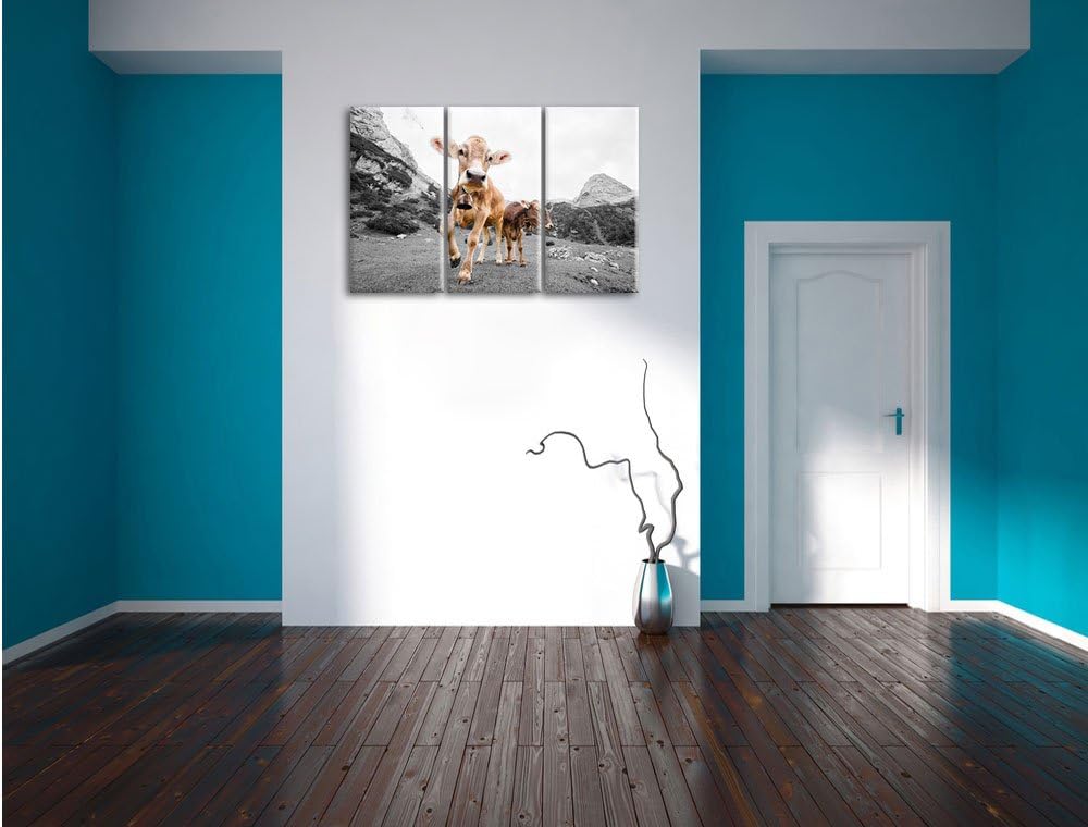 Pixxprint Almkuh auf der Weide als Leinwandbild 3 teilig/Grösse: 3 Teilig (120x80) / Wandbild/Kunstd